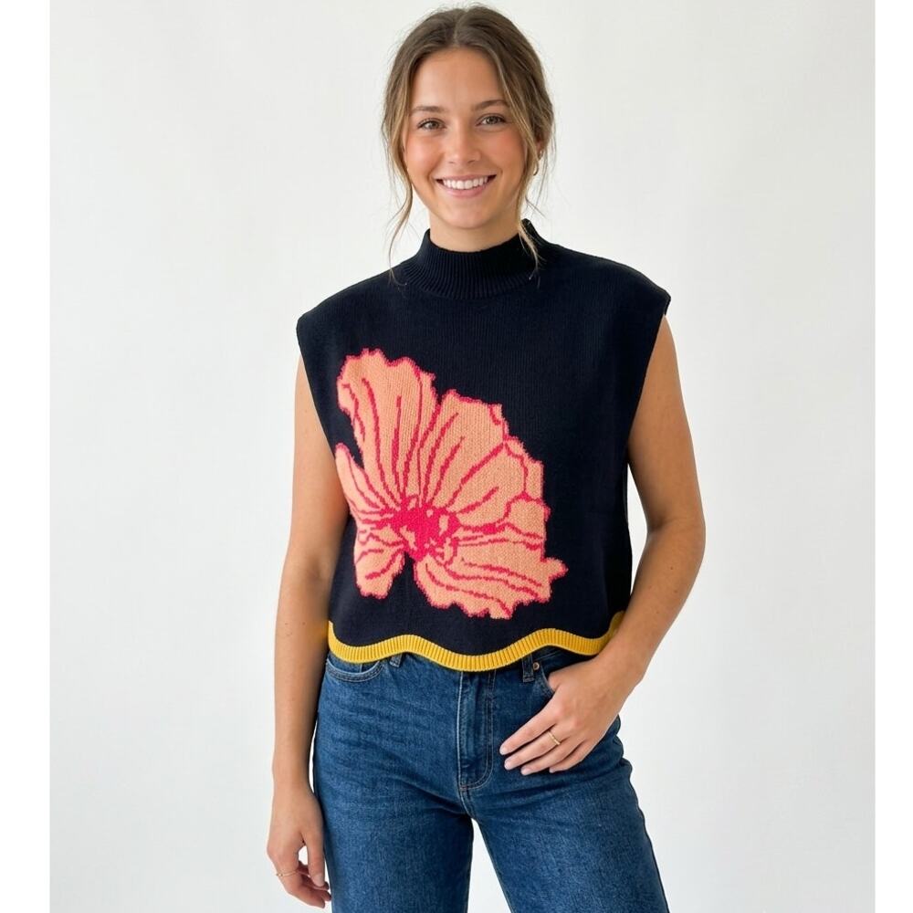 Maeve x Sonal Nathwani Anthropologie Sweater Vest Womens S Black Floral Intarsia